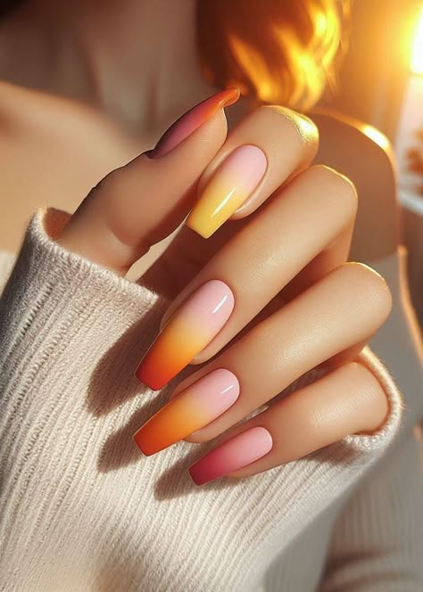 Orange Peach Nails Design, Long Nails Summer Design, Sunset Nail Art Ombre, Golden Hour Nails, Ombre Nails Colors Combinations, Sunset Nails Ombre, Sunset Ombre Nails, Sunrise Nails, Sorbet Nails