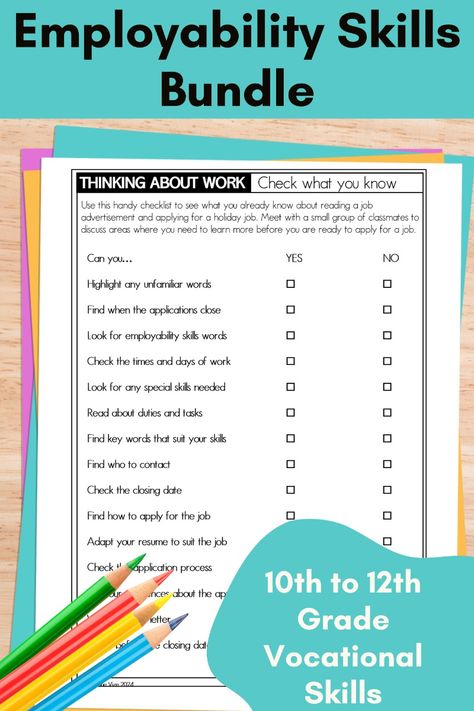 Your 10th to 12th grade career education students will love this employability skills bundle to help them build work readiness and get set for a career they will love. As a teacher, you will love the low prep activities, print and go pages and engaging employability skills posters. Brighten your career room or add zip to your employability skills unit this year with a whole new bundle of employability skills resources - tailor made for vocational education in 10th to 12th grade. High School Jobs, High School Life Skills, Career Lessons, College And Career Readiness, Get Ready For Work, Employability Skills, Vocational Education, Vocational Skills, Career Readiness