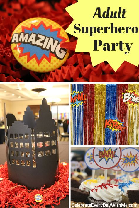 Comic Birthday Party Ideas, Superhero Games For Adults, Superhero Party For Adults, Marvel Graduation Party, Adult Superhero Party, Superhero Diy, Superhero Party Ideas, Superhero Themed Party, Superhero Party Games