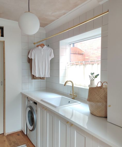 Ikea Utility Room, Small Bathroom Laundry, Small Bathroom Laundry Combo, Bathroom Laundry Combo, Building A Stud Wall, Utility Room Inspiration, Tiny Galley Kitchen, Small Utility Room, Utility Room Designs