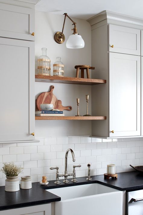 Shelf Over Sink Kitchen, Home Renovation Outside, Shelves Over Kitchen Sink, Kitchen And Laundry Design, Shelf Over Sink, Historic Home Renovation, Colonial Kitchen Remodel, Over Kitchen Sink, Elkins Park