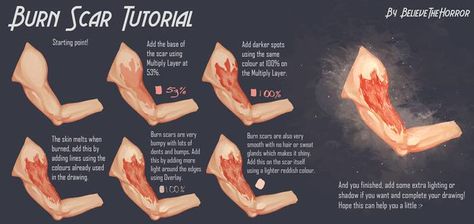 Burns Reference Drawing, Wound Tutorial Drawing, Burn Tutorial Drawing, Burn Injury Drawing, Burn Wounds Reference, Digital Art Burn Scar Tutorial, Draw Burn Scars Reference, How To Draw A Burn Scar, Oc With Burn Scar