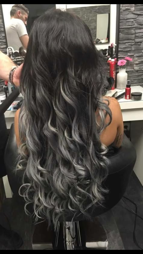 Witch Hair Color, Witchy Hair Color, Extra Long Hair Extensions, Black And Grey Hair, Grey Ombre Hair, Witch Hair, Black Hair Balayage, Hair Color Underneath, Hair Silver