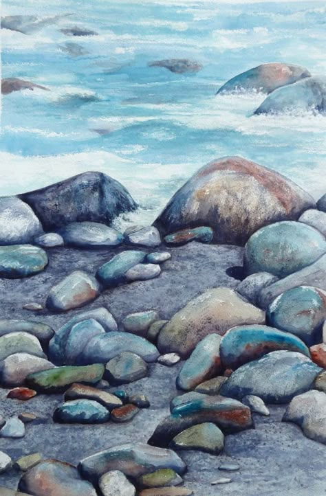 Paintings Of Rocks, Watercolor Stones How To Paint, Rock In Water Drawing, Rocks Watercolor, Rock Projects, Watercolor Rocks Stones, Watercolor Rocks And Water, Rocks In Water Painting, Rock Cliff Painting