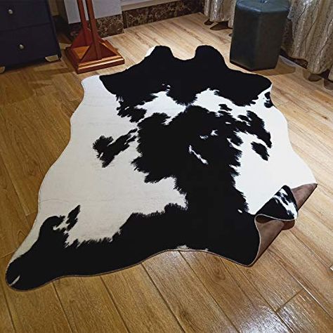 JACCAWS Faux Fur Black and White Cowhide Rug,4.6 x 6.6 Feet Cow Skin Area Rug Large Size. (4.6x6.6, Black and White)