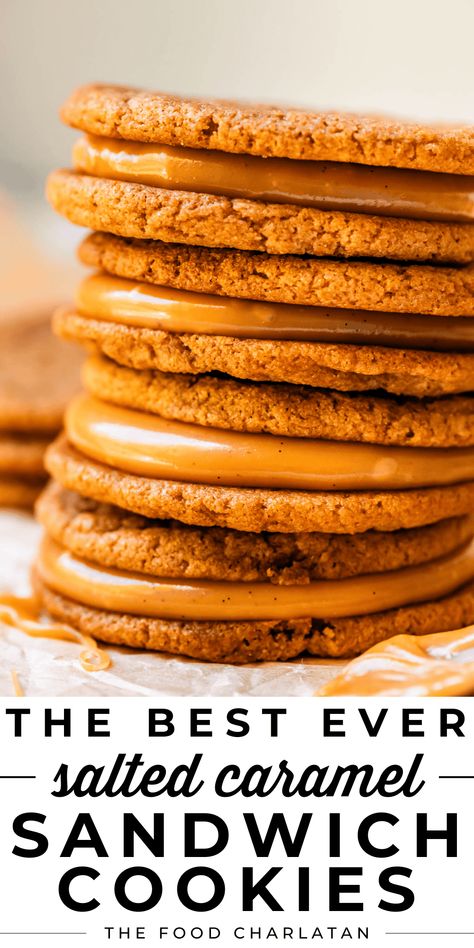 Sandwich Cookie Recipes, Caramel Sandwich Cookies, Salted Caramel Cookie, Florentine Cookies, Keto Cereal, The Food Charlatan, Salted Caramel Cookies, Caramel Filling, Cookies From Scratch