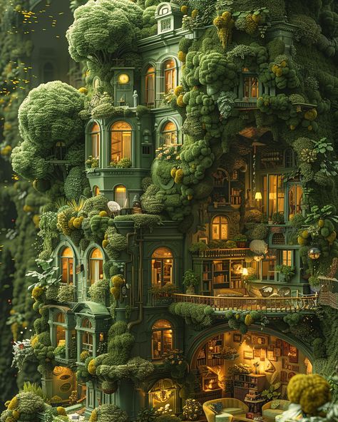 Gothic Surrealism Art, Fairy Architecture, Fairytale House Interior, Fantasy Guild, Forest House Aesthetic, Surreal Architecture, Wooden Library, Dark Academia Home, Enchanted Castles