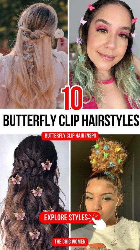 Butterfly Clips Are Back: 10 Creative Ways to Style Them! Butterfly Clip Hairstyles, Butterfly Clips Hairstyles, Clip Hairstyle, Stylish Ponytail, Models Outfits, Sweeping Bangs, Singer Fashion, Festival Chic, Space Buns