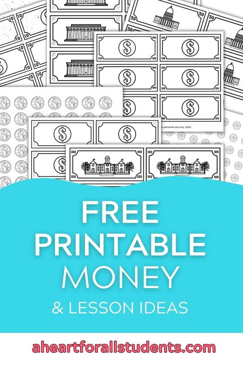 free Printable money template for classroom in white text against teal background with sample printable dollar bills and coins Bills Template Free Printables, Classroom Money Template Free Printable, Dollar Bill Template Free Printable, Mom Bucks Printable Free, Printable Money Template, Play Money Printable Free, Free Printable Play Money, Money Coloring Pages, Money Anchor Chart