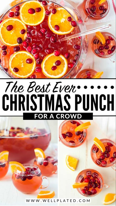 Easy, refreshing Christmas Punch for a crowd! With champagne, rum, cranberry and cider. Not too sweet—party perfect! Non-alcoholic version too. Christmas Slush Recipes Non Alcoholic, Christmas Party Punch Alcohol, Mock Champagne Punch, Punch For Christmas Party, Holiday Champagne Punch, Christmas Punch With Prosecco, Christmas Cocktail For A Crowd, Christmas Drink For A Crowd, Punch For A Crowd Nonalcoholic