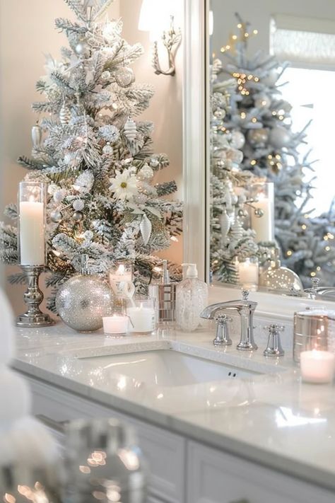 Winter Decor Bathroom, Winter Wonderland Bathroom, Winter Wonderland Bathroom Decor, Christmas Decor Bathroom Ideas, Winter White Christmas Decor, All White Christmas Decor, Christmas Bathroom Decor Ideas, All White Christmas, Christmas Binder