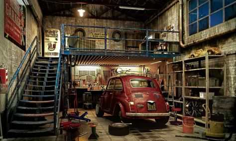 Garage by Dengo (1) Officine In Garage, Plan Garage, Underground Parking, Garage Loft, Car Parks, Cool Garages, Car Workshop, Garage Office, Old Garage