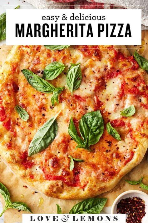 This homemade margherita pizza is so easy and delicious! My biggest tip for this recipe is to use good-quality ingredients like fresh basil and sauce made with San Marzano tomatoes. Because the recipe is so simple, you'll really taste the difference. Homemade Margherita Pizza, Spinach Artichoke Pizza, Lemons Recipes, Margherita Pizza Recipe, 2024 Meals, Dinner 2023, Plant Based Pizza, Marzano Tomatoes, Margarita Pizza