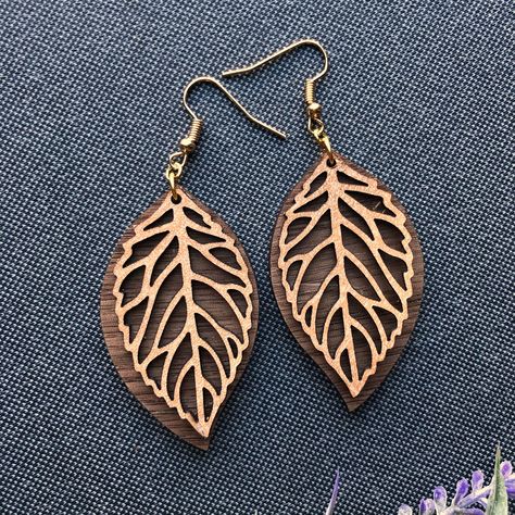 Laser Cut Wood Jewelry, Laser Engraved Earrings, Wood Leaf, Leaf Cutout, Wood Jewelery, Laser Cut Wood Earrings, Leaf Earring, Laser Cut Wood Crafts, Engraved Earrings