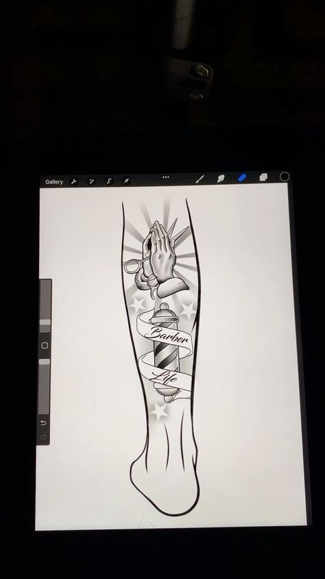 Barber Tattoo Idea 😮‍💨 • • • • #tattooideas #tattoodesign #procreate #ipadart #barbertattoo #barberlife | Inkbydomo | Gunna · fukumean Barber Hand Tattoo, Barber Tattoo Ideas, Barber Drawing, Barber Tattoo, Half Sleeve Tattoos Drawings, Stylist Tattoos, Arm Tattoos, Ipad Art, Barber Life