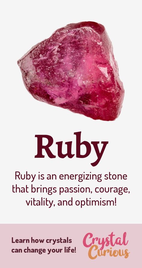 Ruby Meaning & Healing Properties. Ruby is an energizing stone that brings passion, courage, vitality, and optimism! Learn  crystal healing for beginners & all the gemstones properties at CrystalCurious.com. Chakra healing with stones, positive energy & vibrations, crystal meanings, crystal therapy. #crystalhealing #crystals #gemstones #energymedicine #energyhealing #newage #crystalcurious Ruby Meaning Crystals, Ruby Tourmaline Meaning, Ruby Crystal Meaning, Ruby Stone Meaning, Ruby Properties, Ruby Meaning, Ruby Benefits, Stone Meanings, Crystal Healing Chart