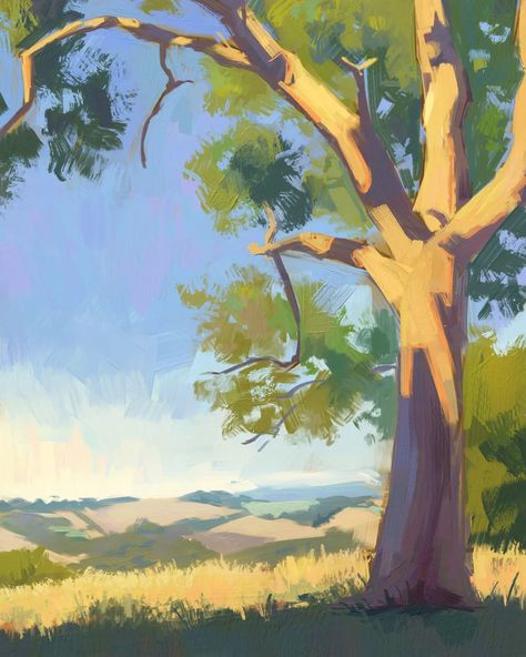 Tried to push the warmth in this painting. I really want to work more on shape design, I'm kinda tired of drawing the proportions identical to the reference. I've been focused on colour for so long I forgot that it was something I could do. #digitalpainting #rebelle7 #digitalart #painting #landscapepainting #landscape #treepainting #autumn #summerpainting #artist #landscapeart #art #nature #southdowns Australian Landscape Painting, Autumn Landscape Drawing, Stylized Painting, Ground Painting, Simple Landscape Painting, Gouache Ideas, Landscape Painting Ideas, Environment Painting, Acrylic Landscape