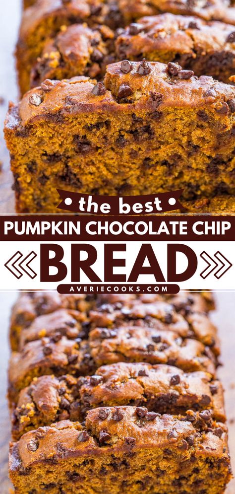 Ultra Moist Pumpkin Chocolate Chip Bread - Averie Cooks Homemade Pumpkin Bread, Chocolate Chip Bread Recipe, The Best Pumpkin Bread, Best Pumpkin Bread, Stovetop Chicken, Pumpkin Banana Bread, Dijon Chicken, Moist Pumpkin Bread, Chocolate Chip Bread