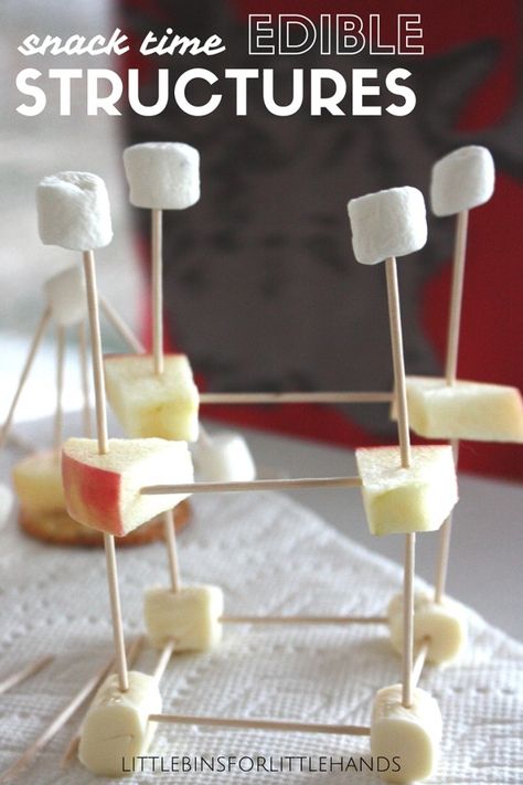 Edible structures snack time STEM activity for little engineers. Build structures with toothpick and apple, cheese, or marshmallows. A fun activity for kindergarten through grade school. Fun edible science activity too. Science Snack, Kitchen Science Experiments, Fun Stem Activities, Kitchen Science, Food Experiments, Dance Wallpaper, Summer Science, Stem Activity, Edible Crafts