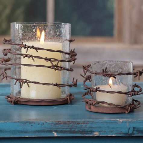 Barbed Wire and Glass Candles                                                                                                                                                      More Barbwire Art, Barbed Wire Decor, Barb Wire Crafts, Wire Candle Holder, Barbed Wire Art, Recycled Stuff, Barb Wire, Western Crafts, Wire Diy