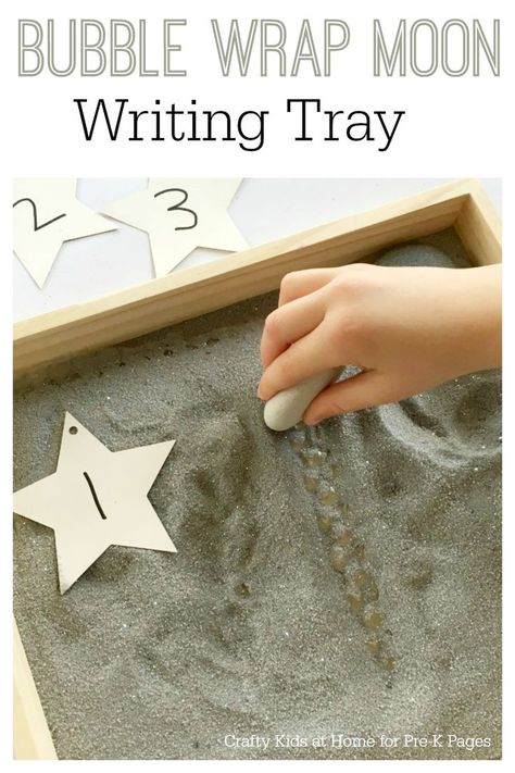 Moon Salt Writing Tray. A fun way to practice writing with your preschool or kindergarten kids at home or in the classroom. Perfect for an outer space or planets theme! - Pre-K Pages Space Lesson Plans, January Theme, Moon Activities, Sand Writing, Space Lessons, Space Preschool, Space Classroom, Pre K Pages, Outer Space Theme