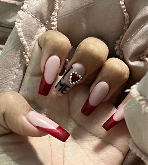 Red Nail Sets Long, I Heart Me Nails, Red Nails With Diamonds, I Love Me Nails, Red Nails With Rhinestones, Nails Inspiration Red, Red Acrylics, Nagel Design, Heart Nail Designs