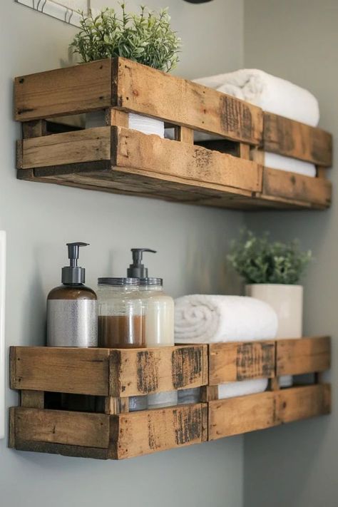 "Elevate your bathroom with rustic DIY Pallet Storage Shelves! 🛠️🛁 Perfect for adding a handmade touch. #BathroomShelvesDIY #PalletIdeas #RusticHomeDecor" Bathroom Wooden Shelves Storage Ideas, Rustic Floating Shelves Bathroom, Diy Pallet Bathroom Ideas, Diy Toilet Shelf, Rustic Bathroom Shelving, Diy Behind Toilet Storage, Pallet Wood Shelves Wall Shelves, Tiny House Bathroom Storage, Bathroom Shelves Over Toilet Diy