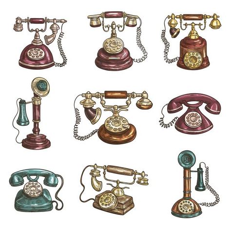 Old vintage retro phones with receivers,... | Premium Vector #Freepik #vector #vintage Old Phone Drawing, Retro Phones, Retro Technology, Antique Phone, Ancient Drawings, Antique Telephone, Sketch Icon, Old Paper Background, Vintage Phone