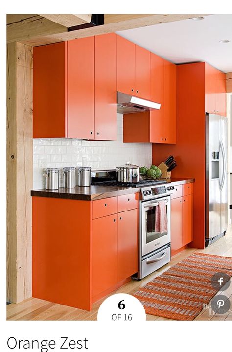 Orange And White Kitchen, Orange Kitchen Cabinets, Orange Cabinets, Orange Kitchen Decor, Best Kitchen Colors, Kitchen Cabinets And Countertops, Painted Kitchen Cabinets Colors, Black Countertops, Kabinet Dapur