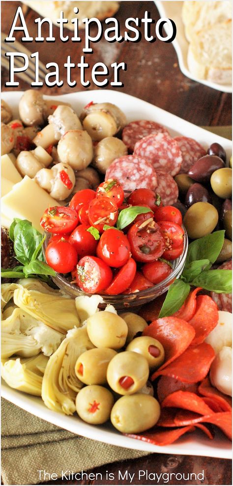 Antipasto Platter with Grape Tomato-Caper Salad In the Center Easy Antipasto Platter, Pasta Platter, Anti Pasta, Antipasto Tray, Antipasto Recipes, The Kitchen Is My Playground, Eurovision Party, Antipasti Platter, Mediterranean Appetizers