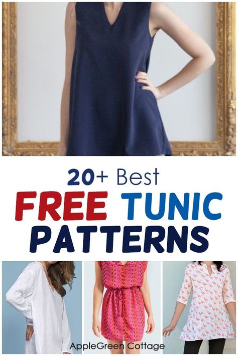 This is a huge collection of free tunic patterns to sew, for many styles and all sewing skills: beginner to advanced. Here you'll find a lot of womens tunic patterns, including tunic patterns with long or short sleeves, flutter sleeved tunics, swing tunic tops, sleeveless tunic dress patterns and tunic tops for all seasons. Check out all the free womens tunic patterns and choose your favorite. #tunicpatterns #freesewingpatterns #womenstunics #tunic Free Tunic Patterns For Women, Tunic Dress Pattern Free, Diy Tunic Top, Tunic Patterns For Women, Free Tunic Sewing Pattern, Tunic Sewing Pattern Free, Tunic Pattern Free, Tunic Dress Pattern, Diy Tunic