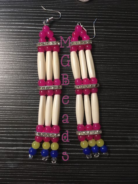 Hairpipe beaded earrings By Sam Finkbonner Beaded Earrings With Dentalium, Arrowhead Beaded Earrings, Native Beaded Cab Earrings, Neon Beaded Earrings Native American, Southwestern Style Multicolor Nickel-free Beaded Earrings, Native American Dress, Beautiful Beaded Earring, Native American Jewelry, Beaded Jewelry Diy