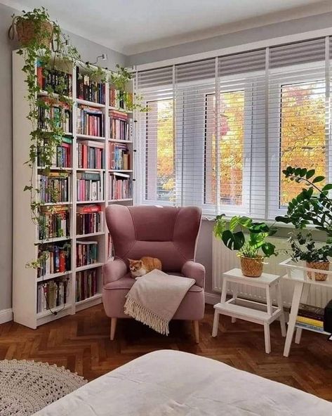 Book Case Ideas Living Room Corner, Library Office Guest Room Ideas, Hooga Living Room, Window With Bookshelves On Each Side, Simple Pastel Bedroom, Bookshelf In Entryway, Living Room Nyc Apartment, Mini Home Library Small Spaces, Library For Small Spaces