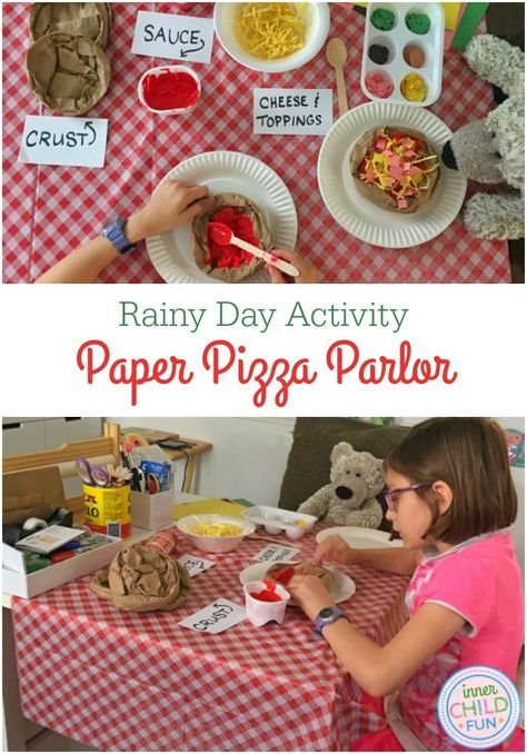 Rainy Day Activity - Paper Pizza Parlor - so cute!! Pizza Activities, Dramatic Play Activities, Fun Rainy Day Activities, Preschool Cooking, Pizza Parlor, Imagination Play, Rainy Day Activity, Rainy Day Activities For Kids, Preschool Letter