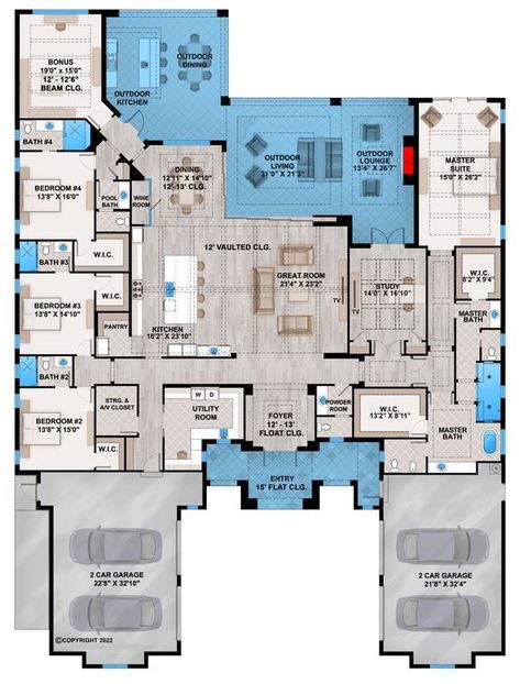 One-Level Coastal Mediterranean House Plan over 5,200 Square Feet with 4-Car Garage - 86108BW | Architectural Designs - House Plans Mediterranean Homes Floor Plans, Six Bedroom House Plans, 5 Bedroom House Floor Plan One Level, Japanese Courtyard House Plans, Waterfront House Plans, House Plans Bloxburg, House Design Floor Plans, One Level House Plans, Multigenerational House Plans