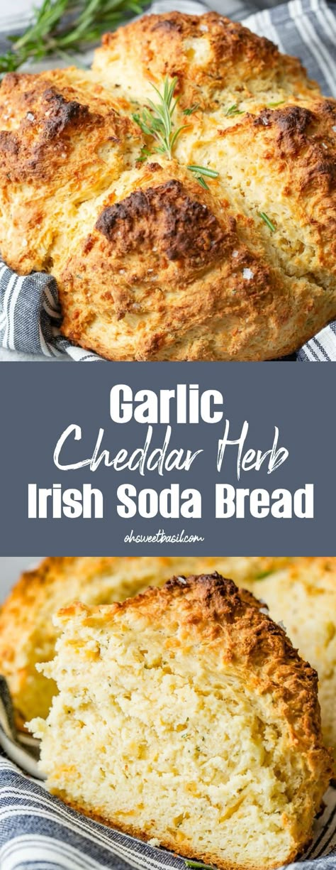 Whenever we have soup I need toppings or a good bread to go with it. This Garlic Cheddar Herb Irish Soda Bread is perfect for sopping up stew in the winter or on St Patrick's Day! #bread #irish #cheddar #side #sodabread #cheddar #herb Irish Soda Bread Muffins, Garlic Cheddar, Irish Desserts, Oh Sweet Basil, Irish Soda Bread Recipe, Irish Soda, Irish Soda Bread, Sweet Basil, Soda Bread