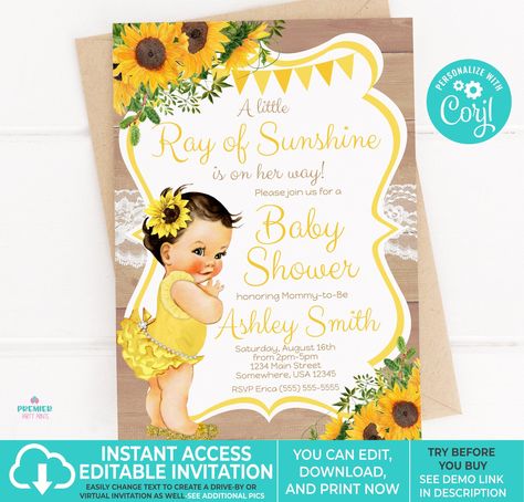 Excited to share this item from my #etsy shop: Editable Instant Access/Download Little Sunshine Sunflower Baby Shower Invitation Light Tone-BS070 Sunflower Baby Shower Invitations, Sunflower Baby Shower, Virtual Invitations, Sunflower Baby Showers, Mail Gifts, Teddy Bear Baby Shower, Printable Baby Shower Invitations, Shower Centerpieces, Gender Reveal Invitations