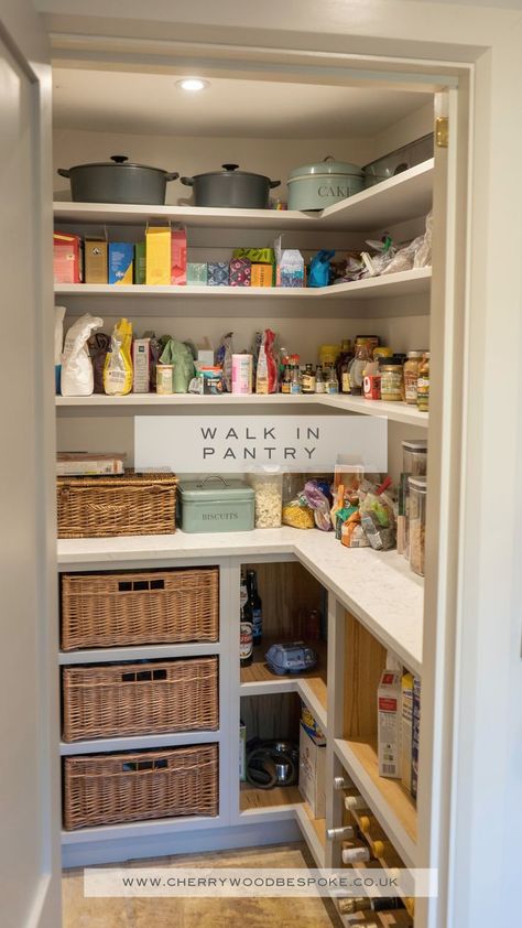 Larder Shelving Ideas, Walk In Kitchen Storage, Kitchen Basket Drawers, Open Walk In Pantry Ideas, Pantry Basket Drawers, Building A Walk In Pantry In Kitchen, Walk In Larder Ideas, Larder Ideas Walk In, Small Larder Ideas