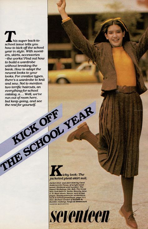 Ah, the wonderful back-to-school issue.  Seventeen magazine, August 1979.  Model Phoebe Cates pictured here in the "Kick off the School Year" layout. Seventeen Magazine Fashion, Phoebe Cates, Retro Pop Culture, Girl Sweat, Fashion Magazine Cover, Seventeen Magazine, Build A Wardrobe, The Ozarks, Zebra Stripes