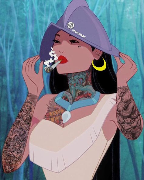 Disney Princess Pocahontas SmokaHontas! Pocahontas embracing nature Disney Gone Bad, Dark Disney Princess, Disney Princess Pocahontas, Drawing Disney, Princess Pocahontas, Punk Disney Princesses, Disney Princess Tattoo, Punk Disney, Drawing Hands