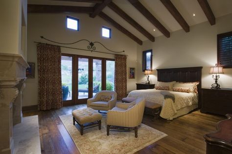 bedroom-with-vaulted-ceiling-exposed-beams-large-wood-headboard Master Suite Addition, Design Ložnic, Bedroom Addition, Bedroom With Sitting Area, Faux Wood Beams, Modern Masters, Bedroom Ceiling, My Bedroom, Bedroom Flooring