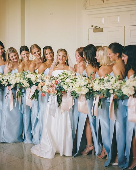 Talk about a bridal squad 🤍🤍🤍 And we love the southern flair of their own monogrammed ribbon to wrap their bouquets. @micahlavaughn @hannahlambevents Bridesmaids Bouquets With Ribbon, Bouquets With Ribbon, Shoes Collage, Classic Summer Wedding, Summer Wedding Photos, Bridal Squad, Bridesmaid Shoes, Bridesmaid Bouquet, Summer Wedding