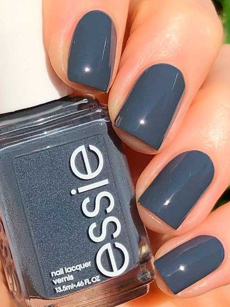 Essie Carols and Caviar Blue Nail Color Ideas Winter, January Nails Blue Grey, Grey Blue Nail Color, Blue Grey Nail Color, Blue Gray Nail Color, Pedicure Colors Winter, Solid Nail Color Ideas Winter, January Nail Colors Dip, Smokey Blue Nails