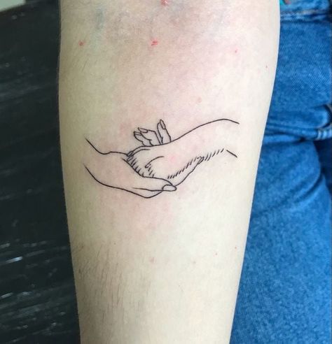 Dog Holding Hand Tattoo, Dog Owner Tattoo Ideas, Remembering Dog Tattoo, Unique Pet Tattoos, Love Animals Tattoo, Tattoos For Women Elegant, Remember Tattoo, Cat Tattoo Ideas, Think Tattoo