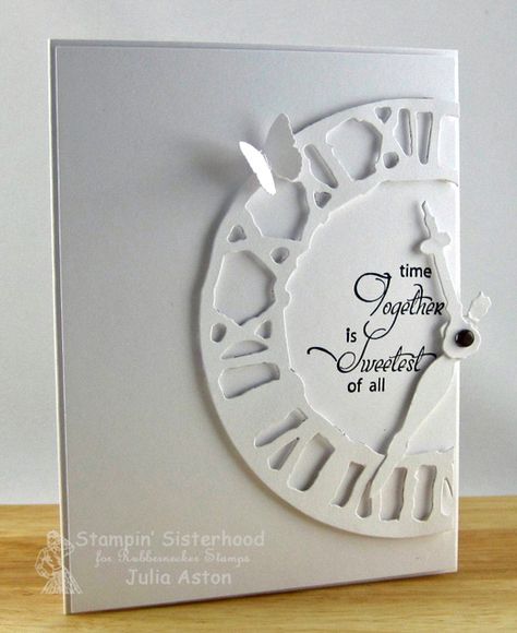 Black And White Cards, Clock Card, Tim Holtz Cards, Engagement Card, White Cards, White On White, Die Cut Cards, Wedding Anniversary Cards, Butterfly Cards