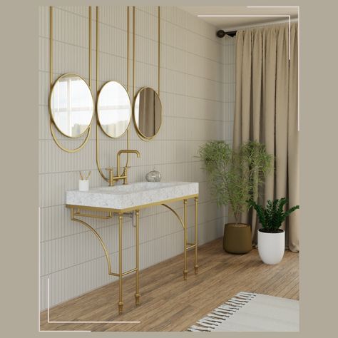 🌟 Bathroom inspiration 🌟⁠ ⁠ In this inspirational bathroom, we've checked three interior design trends for 2024: ⁠ ✔️ brown tones⁠ ✔️ metal accents⁠ ✔️ stripes (in tiles) ⁠ ⁠ With our metal accents, you have the power to effortlessly achieve any style you desire, making your space uniquely yours. All our standard and custom pieces are available to purchase online! Link in bio.⁠ ⁠ ⁠ #interiordesignideas #bathroominspo #bathroomdecor #interiordesigntrends #2024trends #custommetal #bathroominspi... Open Vanity, Shelf Vanity, Metal Vanity, Base Ideas, Bathroom Vanity Base, Boho Bathroom, Vanity Base, Gold Interior, Bathroom Inspo