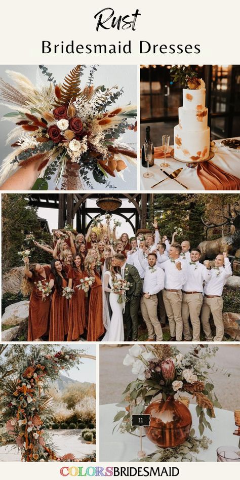 Rust And Pampas Bouquet, Rustic Wedding Colors Bridesmaid Dress, Charcoal Grey And Rust Wedding, Fall Wedding Colors For Bridesmaids, Rust Coloured Wedding, Rust Olive Green Wedding, Rust Brown And Sage Green Wedding, Taupe And Orange Wedding, Sage And Rust Wedding Theme