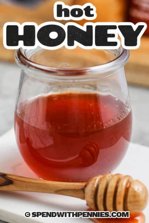 This hot honey recipe is a game-changer in flavor, and adds a sweet hot kick to dishes like fried chicken or pizza! With honey, sriracha, vinegar, and cayenne, it becomes the ultimate all-purpose sauce or glaze. Similar to Frank's red hot honey sauce, but with customizable heat levels. Double the recipe and share this uniquely spicy condiment with friends! #spendwithpennies #hothoneyrecipe #easyhothoney #besthothoneyhomemade Pizza With Honey, Cornbread Dessert, Honey Appetizers, Hot Honey Sauce, Hot Honey Recipe, Mushroom Pork Chops, Easy Peasy Recipes, Honey Sauce, Spicy Honey