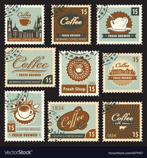 Coffee Stamps, Postage Stamp Design, Coffee Stock, Postal Vintage, Music Festival Poster, Old Stamps, Plant Vector, Retro Vector, Scrapbook Stickers Printable