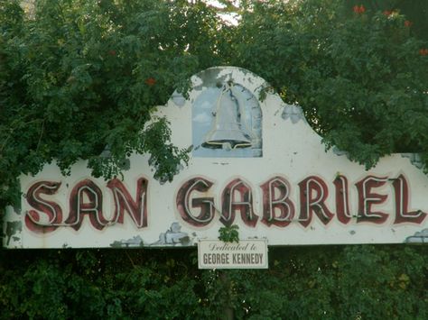 SanGabrielSign San Gabriel Mission, Canyon City, Blue Banisters, San Gabriel Mountains, San Gabriel Valley, California History, Vintage Neon, San Gabriel, Music Memories